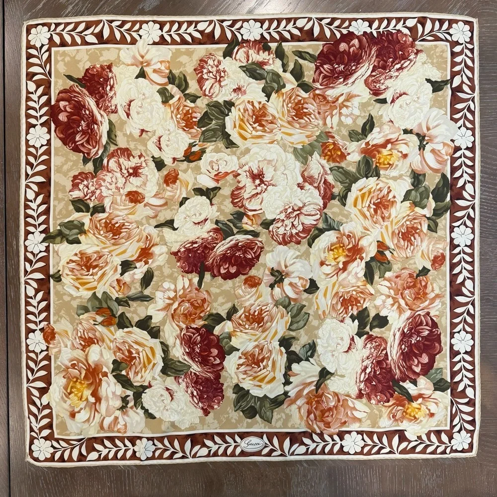 Authentic GUCCI Floral Silk Scarf in Cream and Brown